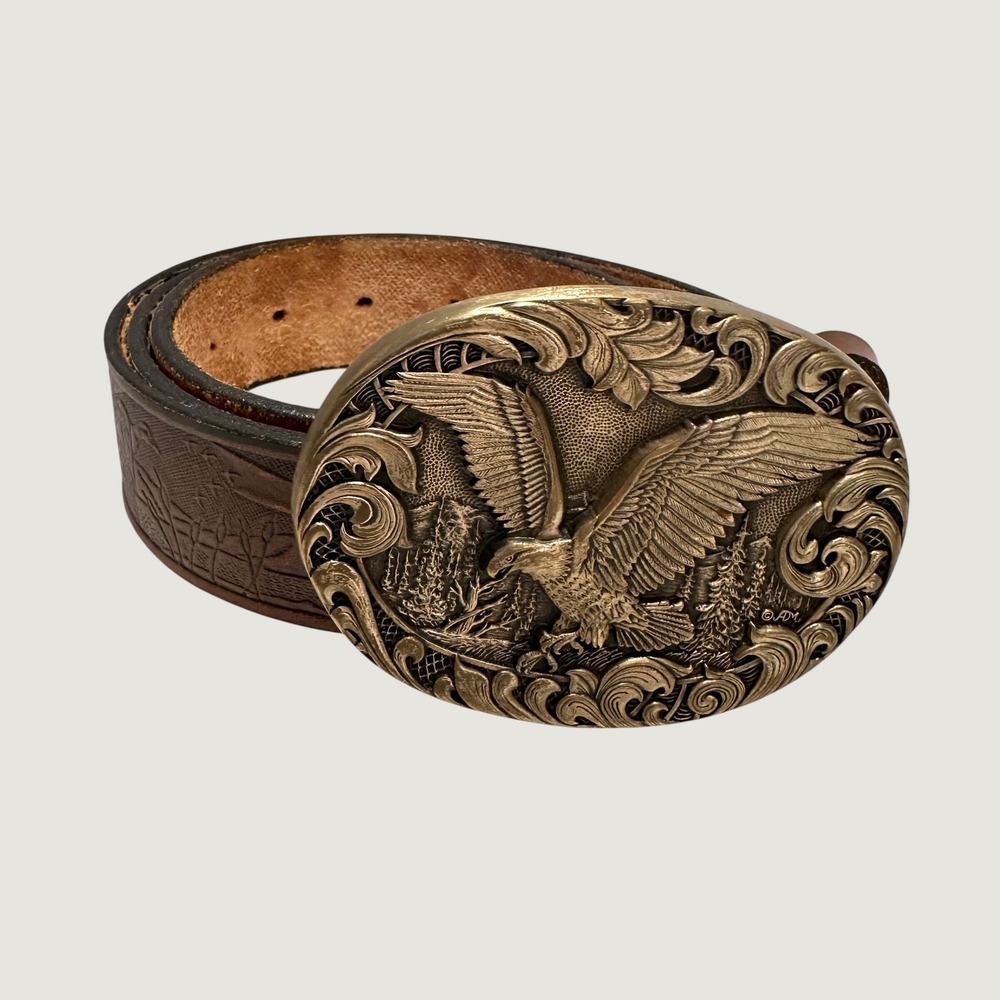 Award Design Medals Eagle Belt Buckle Tooled Leather Duck Scene Strap Mens 40